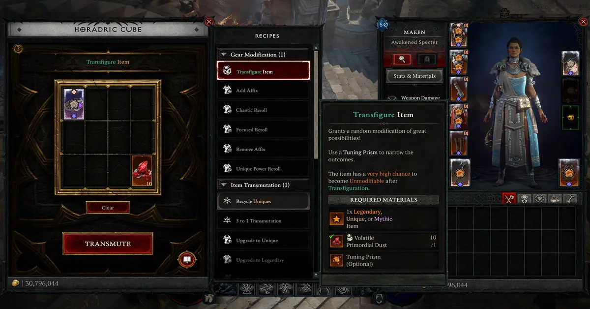 Captura de pantalla de Diablo IV Lord of Hatred que muestra la nueva interfaz de inventario de gemas.