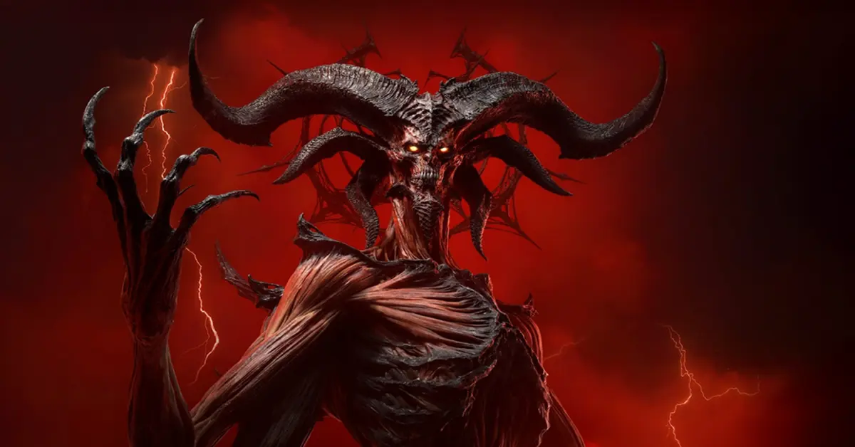 Arte oficial de Diablo IV Lord of Hatred que muestra una figura demoníaca corrompida contra un fondo rojo intenso