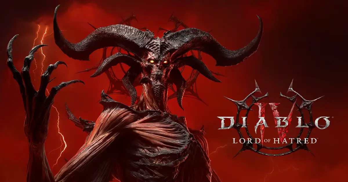 Arte de la portada de la expansión Diablo IV Lord of Hatred que muestra a Mefisto.