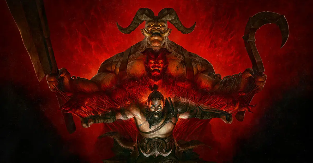 Pantalla de selección de personajes en la cinemática de Diablo IV mostrando un paisaje infernal en llamas y héroes de temporada