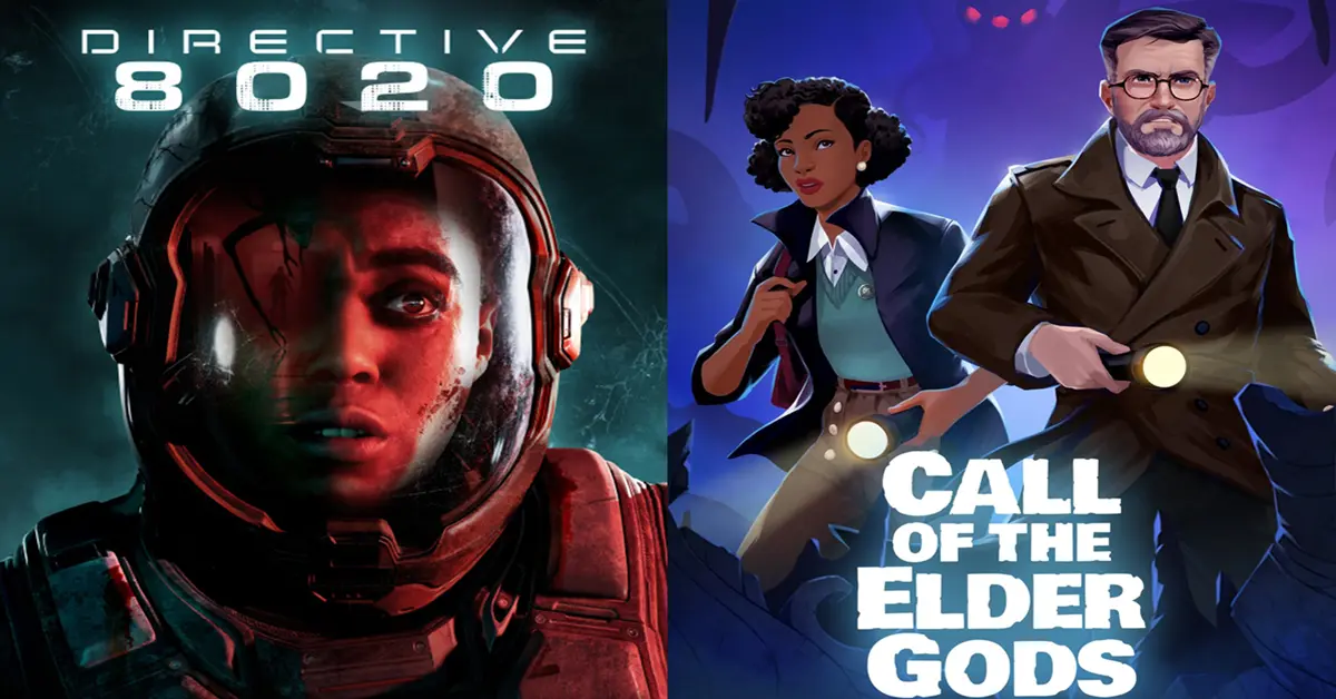 Pantalla dividida que muestra el juego de terror de ciencia ficción Directive 8020 y la aventura esotérica Call of the Elder Gods