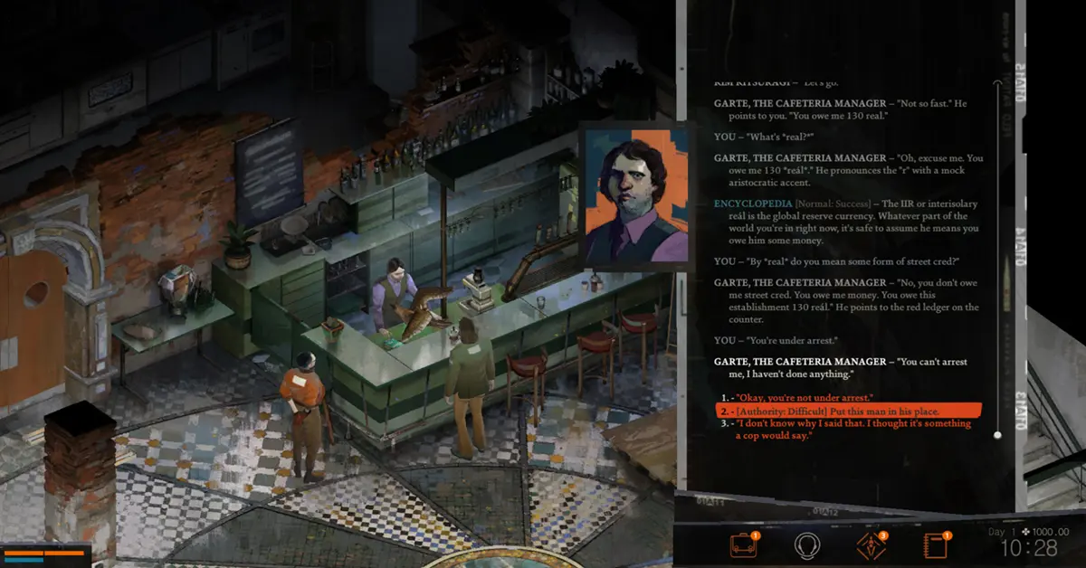 La intrincada interfaz de verificación de habilidades y diálogos en Disco Elysium