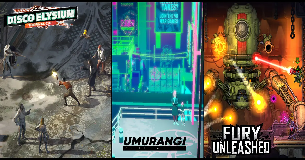 Collage de pantallas de juego de Disco Elysium, Umurangi Generation y Fury Unleashed