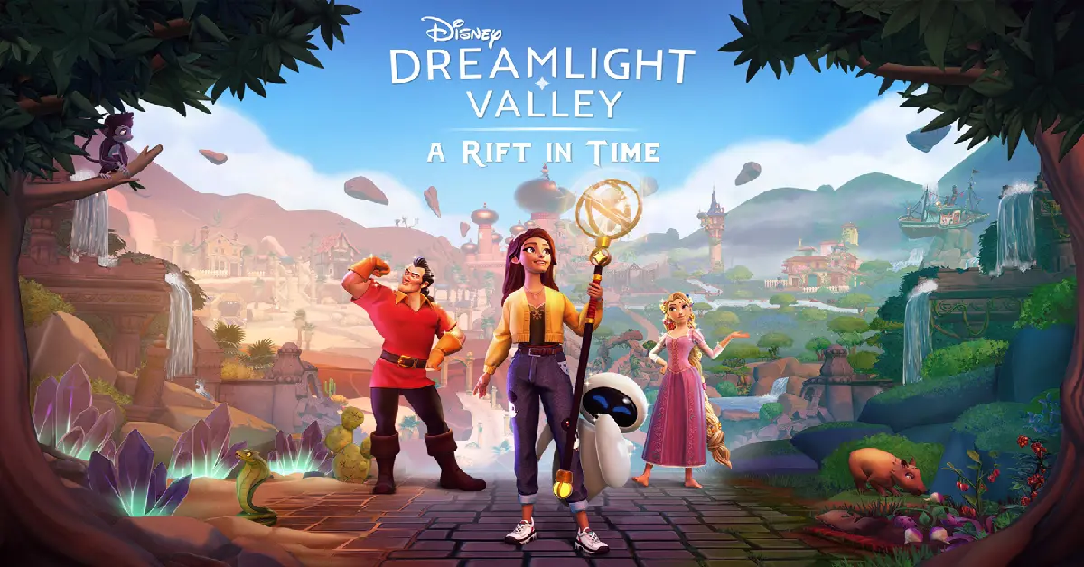 Personajes de la expansión A Rift in Time de Disney Dreamlight Valley Rapunzel Gastón y EVE en la Isla de la Eternidad.