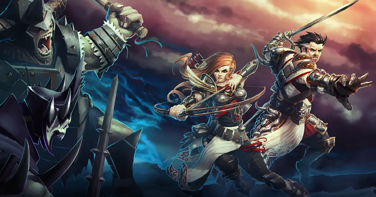 Arte principal de Divinity Original Sin Enhanced Edition que muestra a los personajes principales explorando un entorno de fantasía vibrante y detallado.