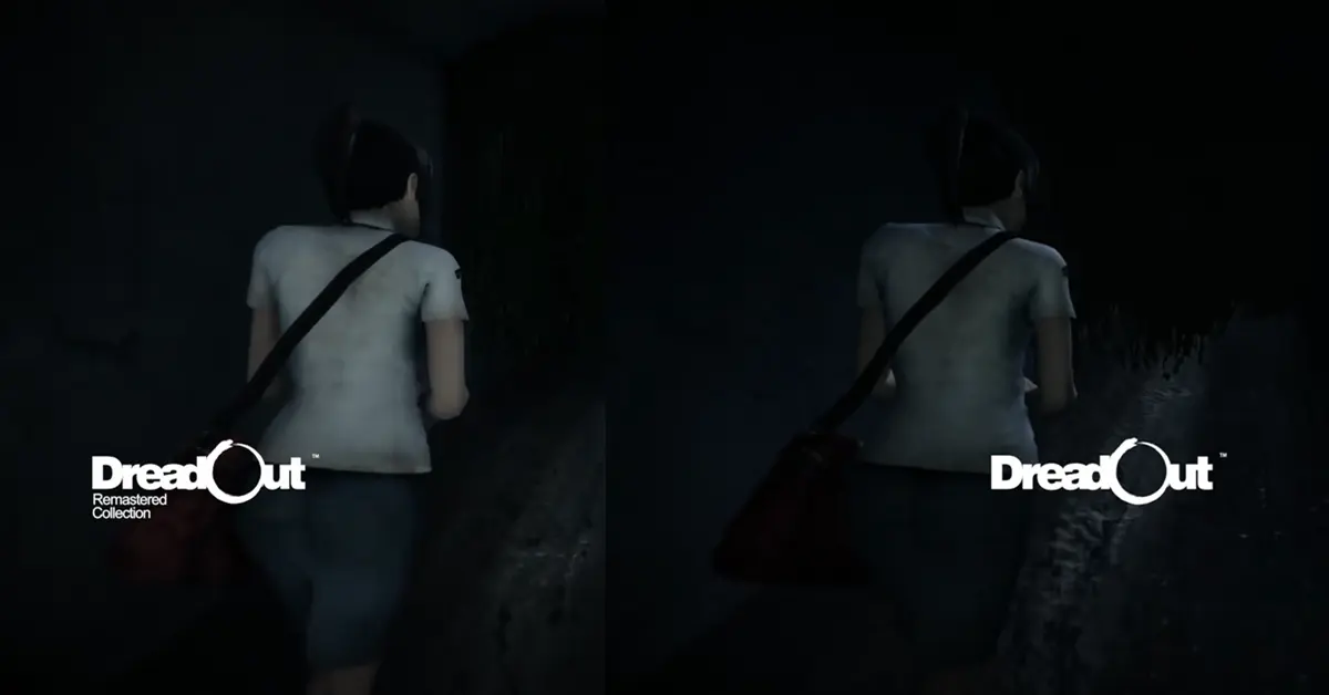 Una comparación gráfica lado a lado que muestra la iluminación mejorada y los efectos de resplandor en la DreadOut Remastered Collection