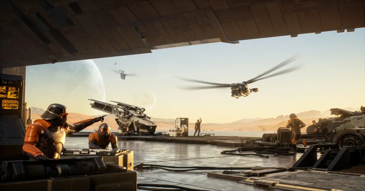 Un escuadrón de ornitópteros sobrevolando una base de jugadores fuertemente fortificada en el desierto.