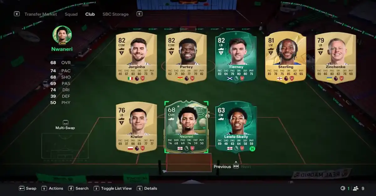 Interfaz de gestión de cartas de Ultimate Team de EA SPORTS FC 25 mostrando atributos de jugadores actualizados.