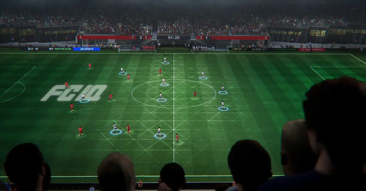 Pantalla de juego de un partido de EA SPORTS FC 25 mostrando jugadores de Ultimate Team