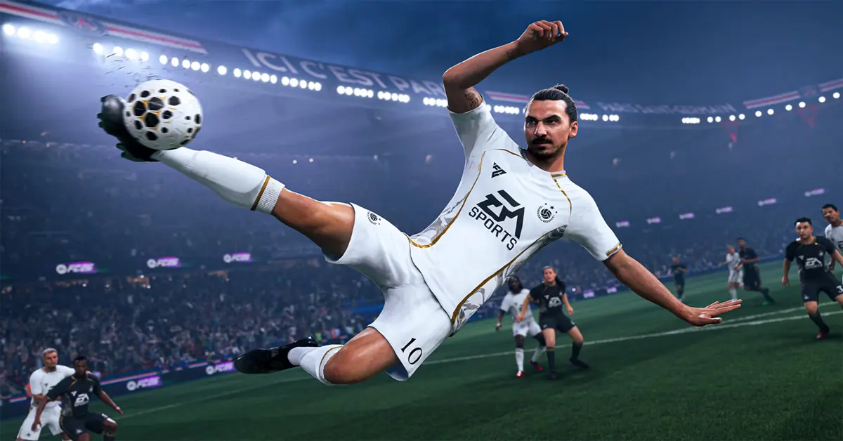 Acción de juego de EA SPORTS FC 26 mostrando el fondo de un estadio oficial