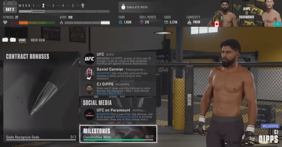 Nueva interfaz del Modo Carrera de EA Sports UFC 6 mostrando opciones de diálogo y medidores de prestigio del luchador