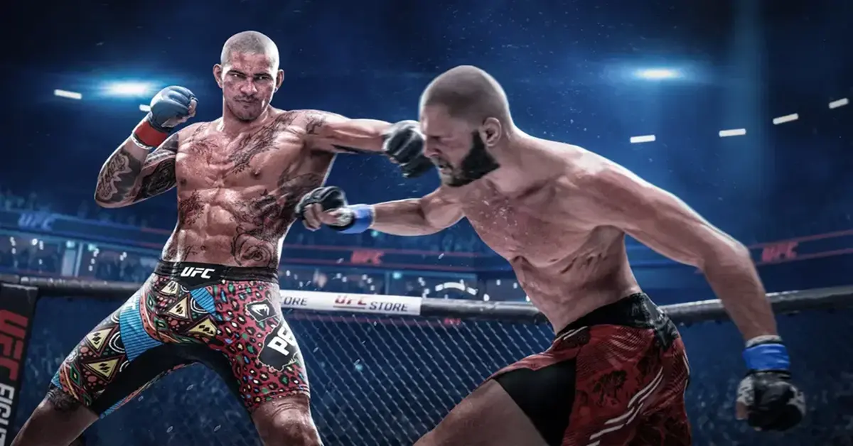 Dos luchadores de artes marciales mixtas muy detallados enfrentándose en el octágono en EA Sports UFC 6 en PlayStation 5
