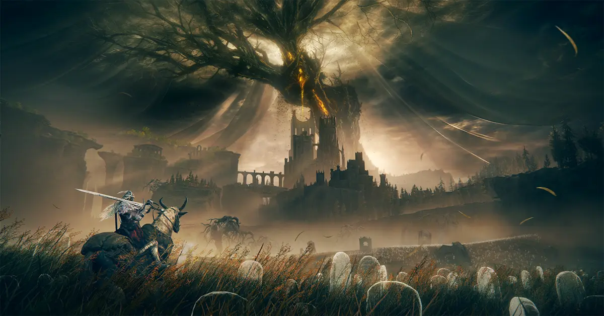 El personaje de un jugador contemplando el extenso y sombrío paisaje del Reino de las Sombras en Elden Ring.