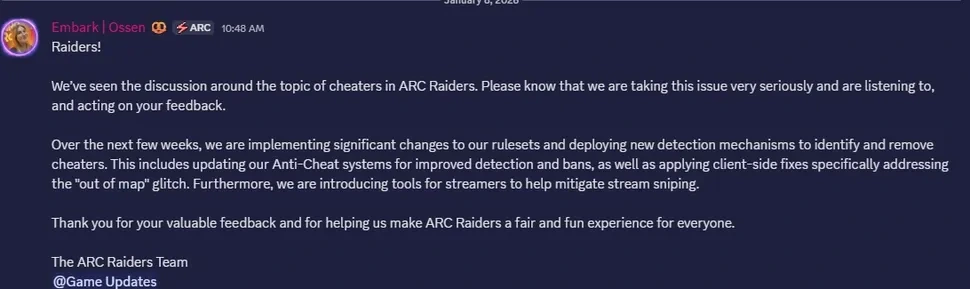 Embark Studios emite comunicado para los tramposos de ARC Raiders