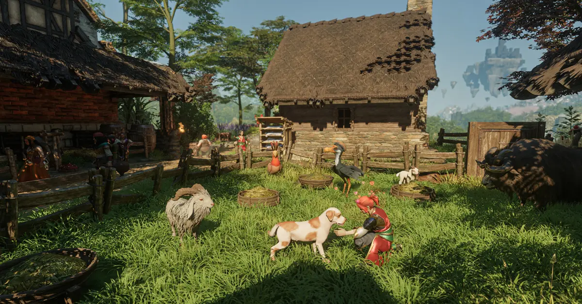Un jugador de pie junto a animales domesticables en una base de Enshrouded