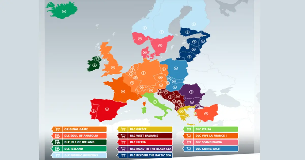 Interfaz del mapa que muestra los territorios europeos expandidos en Euro Truck Simulator 2