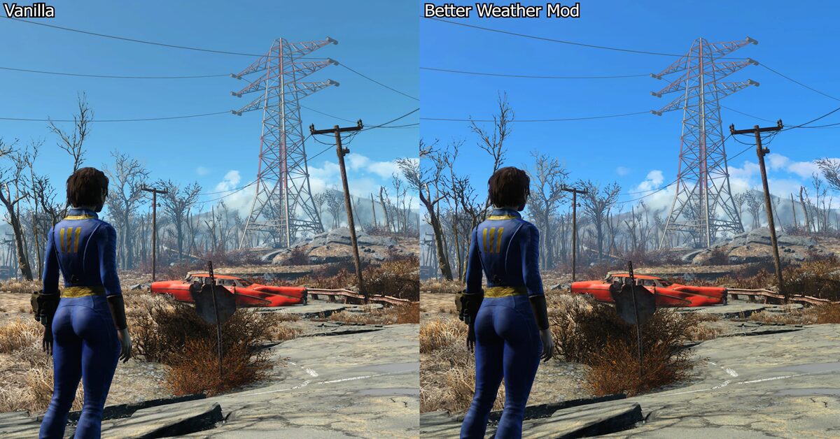 Una captura de pantalla de un gameplay fuertemente modificado que muestra efectos climáticos mejorados y una iluminación realista en Fallout 4.