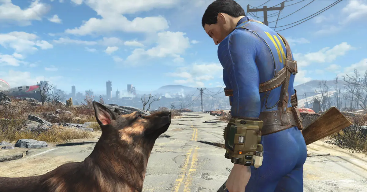 Captura de pantalla de alta resolución del Único Superviviente contemplando las ruinas postapocalípticas de Boston en Fallout 4.