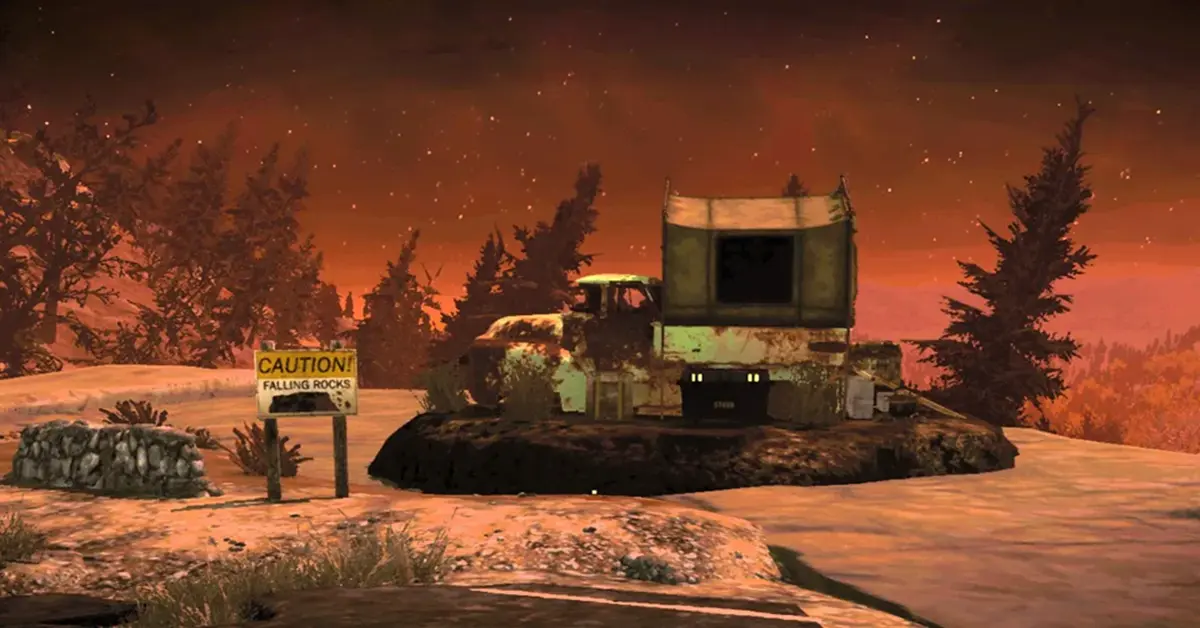Un jugador utilizando la Tienda de supervivencia desplegable en una zona altamente irradiada de Fallout 76.