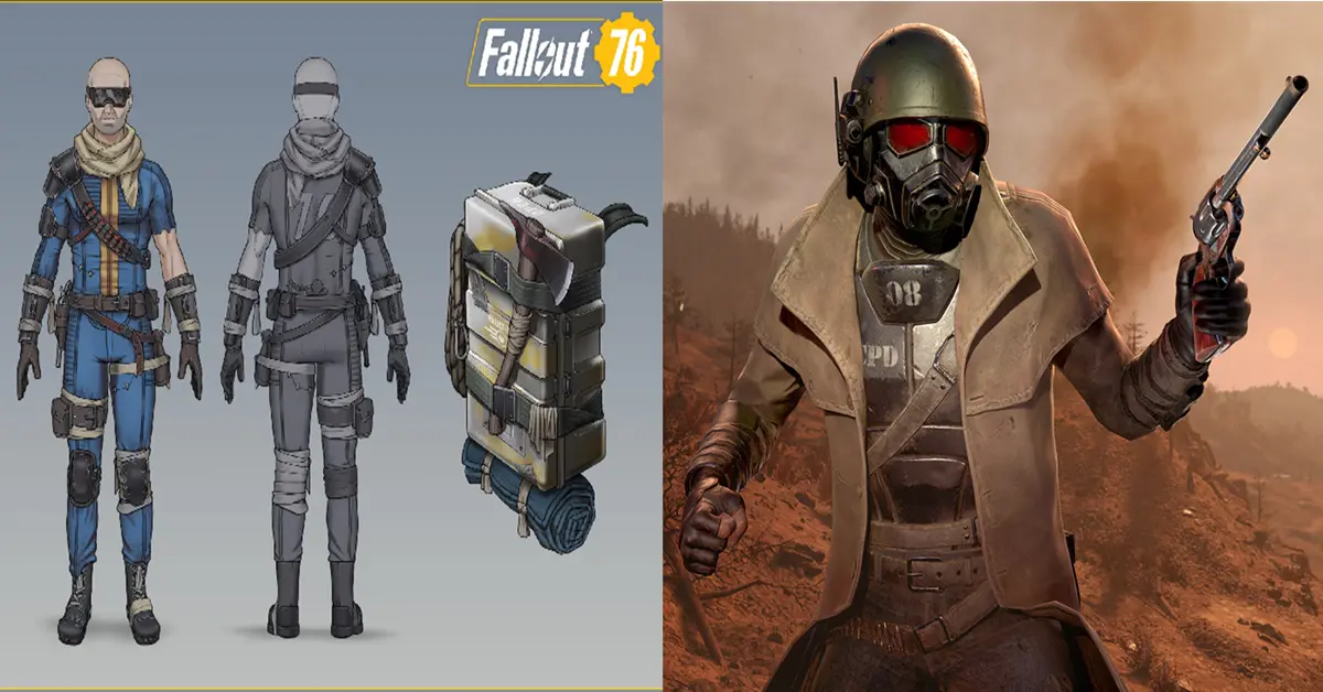 Una vista dividida que compara el traje estándar del refugio de Fallout 76 con la armadura premium de Ranger de Fallout 1st.