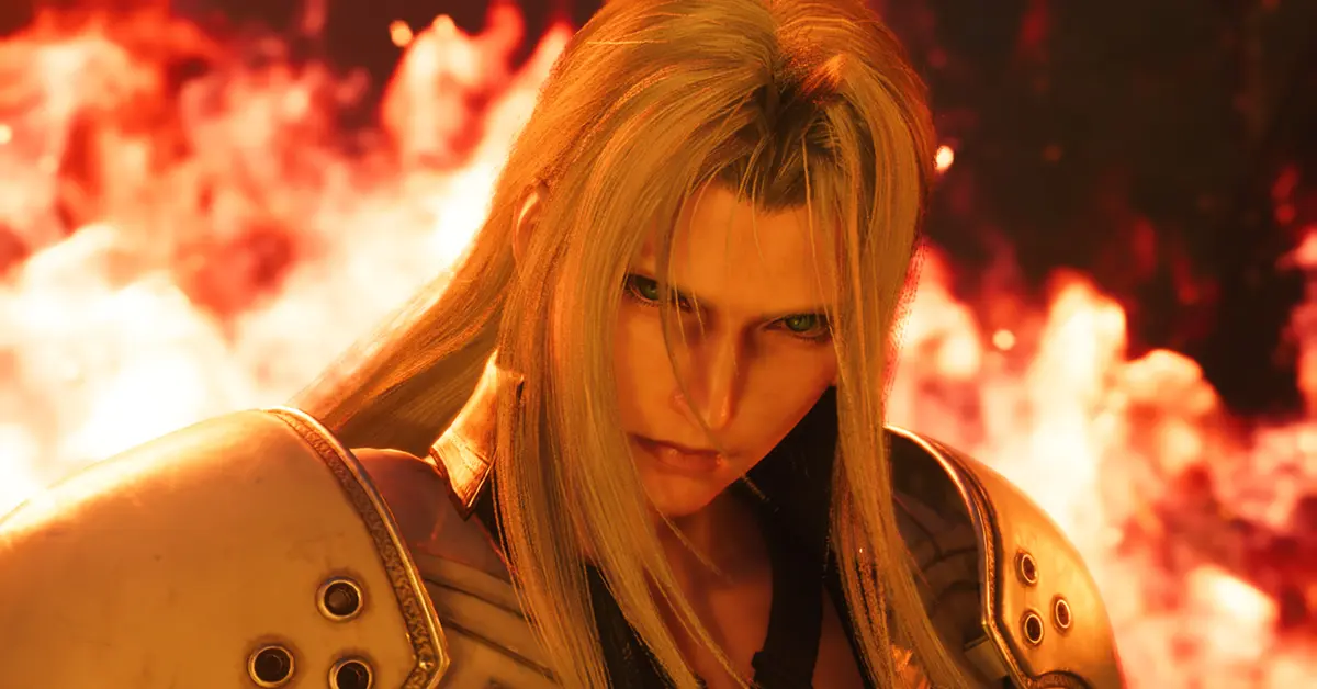 Sephiroth de pie entre llamas en una secuencia de flashback.