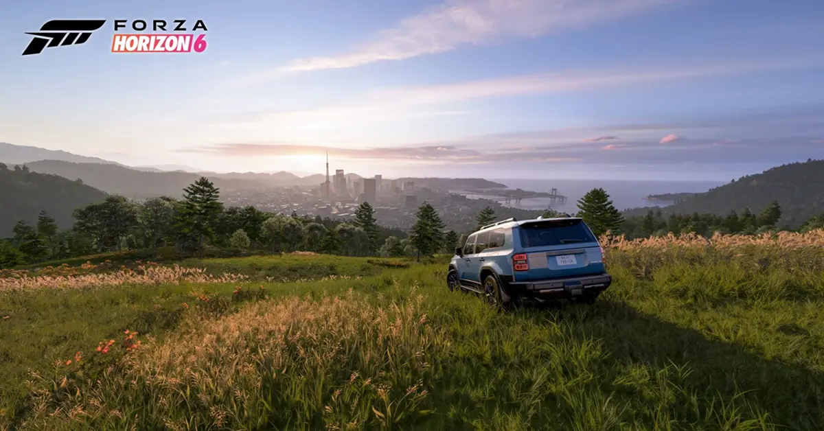 Una vista panorámica de pasos de montaña sinuosos a las afueras de Tokio en Forza Horizon 6 durante el atardecer.