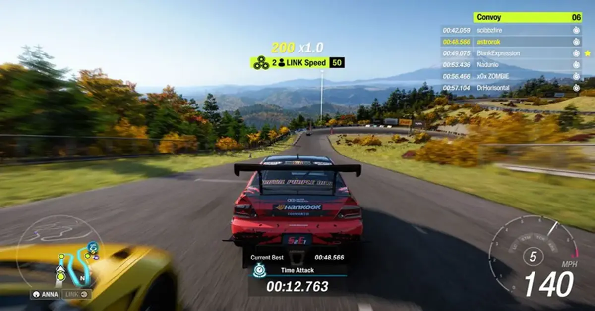Interfaz de juego de Forza Horizon 6 mostrando un menú de reinicio de carrera y la lista de más de 550 coches frente a un paso de montaña japonés