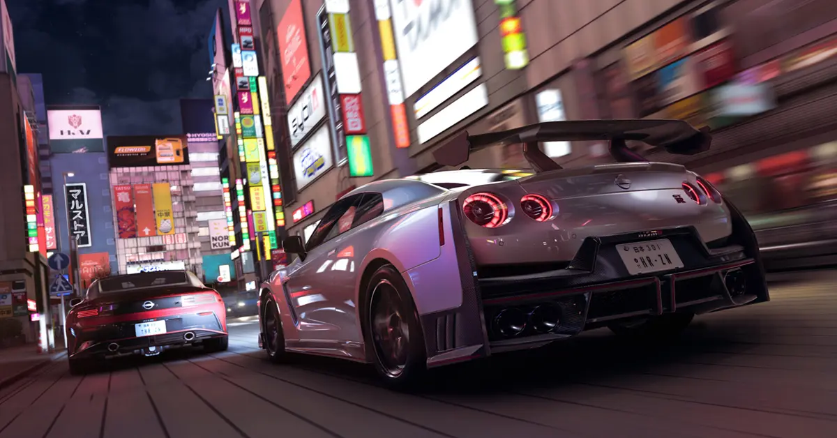Una escena estilizada de carreras callejeras en Tokio de Forza Horizon 6, mostrando icónicos coches japoneses bajo luces de neón.