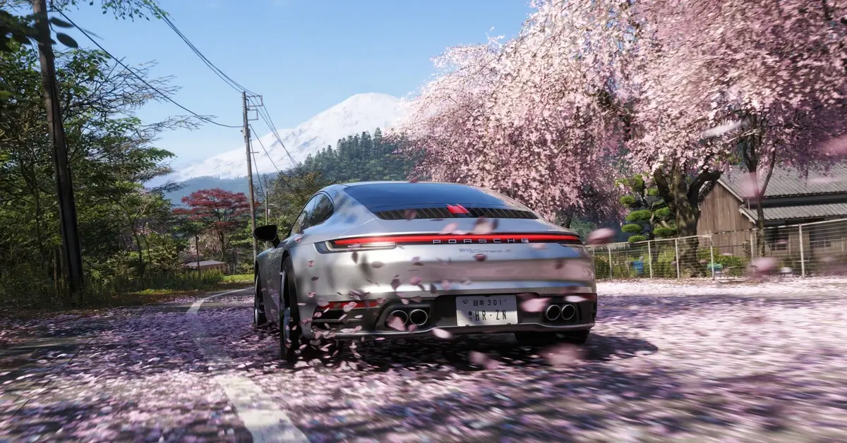 Captura de Forza Horizon 6 carretera con cerezos en flor Japón