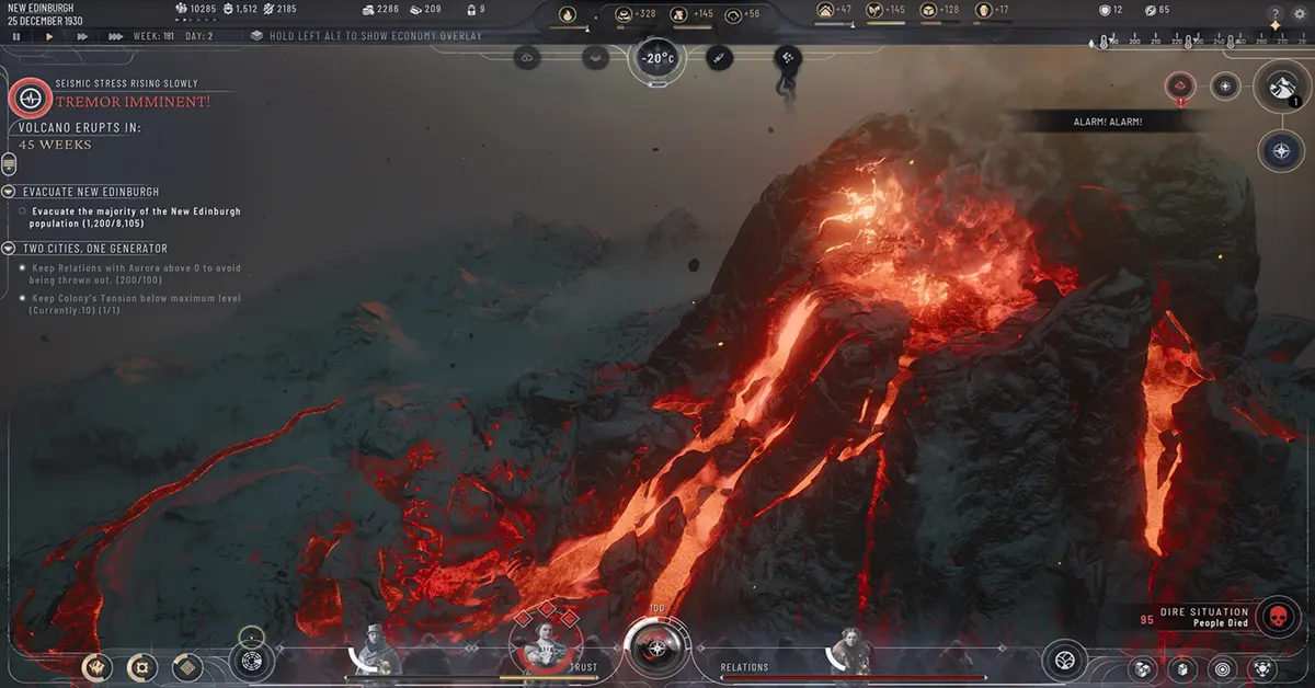 Interfaz de Frostpunk 2 mostrando la caída de ceniza volcánica sobre la colonia de Nueva Edimburgo