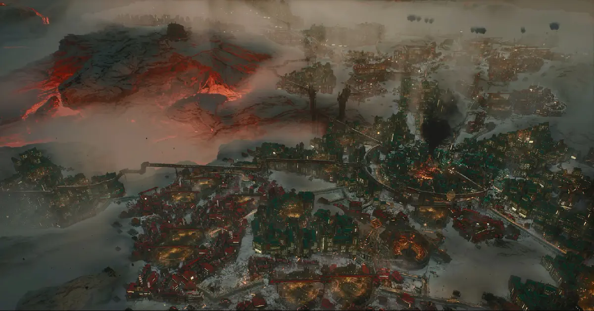 Vista general de la nueva ciudad volcánica en Frostpunk 2 Breach of Trust