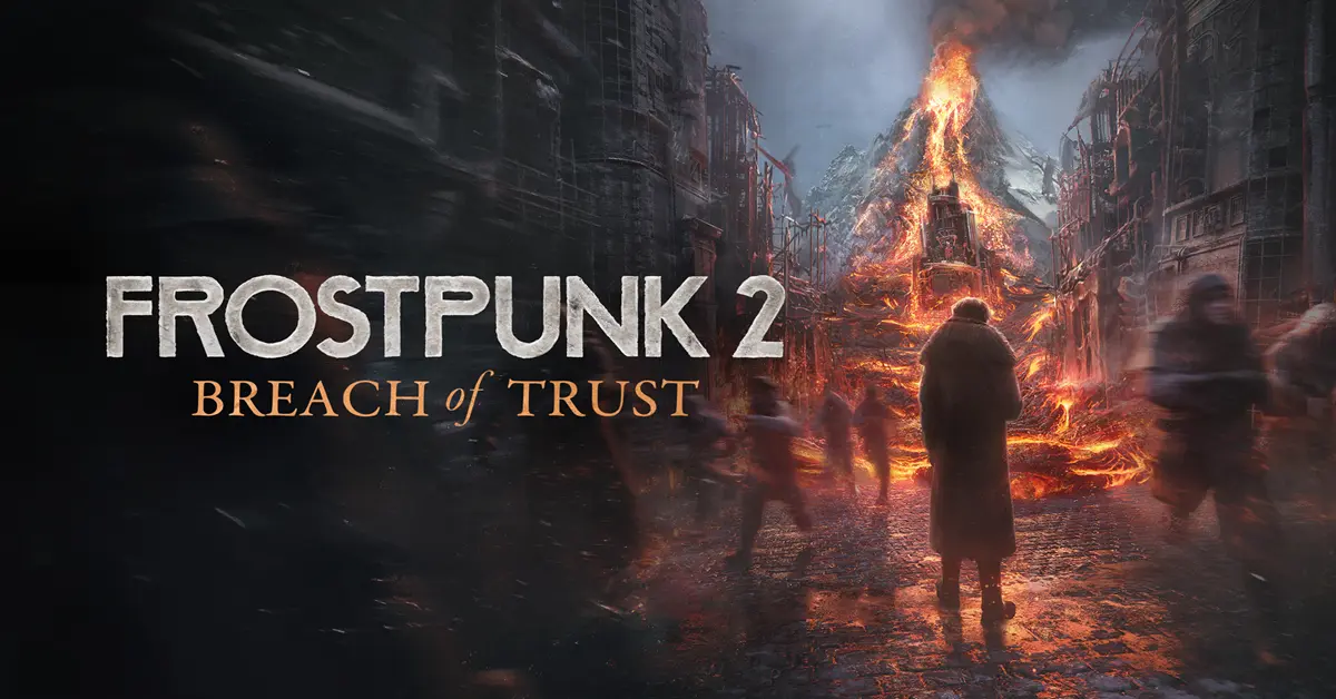 Arte principal de la expansión Frostpunk 2 Breach of Trust que muestra una Nueva Edimburgo congelada y humo volcánico