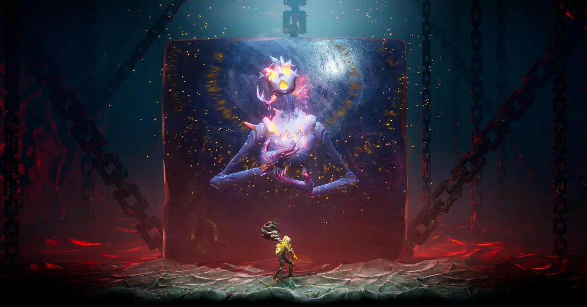 Un protagonista surrealista y rocoso en Grime II absorbiendo a un enemigo derrotado en una caverna oscura y atmosférica.