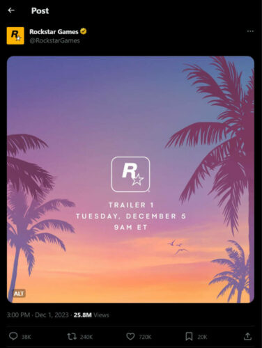 Confirmación de Rockstar sobre el tráiler de GTA VI el 5 de diciembre