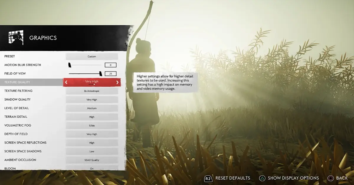 Menú de ajustes de PC de Ghost of Tsushima que muestra opciones de gráficos y rendimiento.
