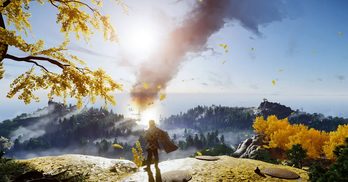 Jin Sakai contemplando el vibrante paisaje de la isla de Tsushima en PC