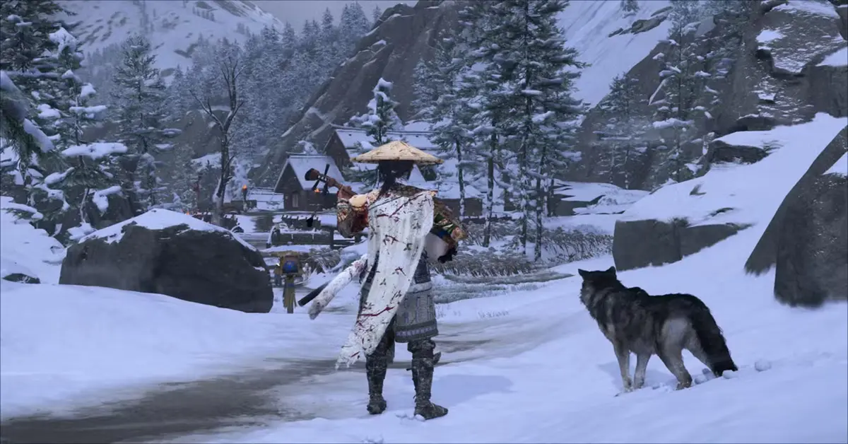 Atsu caminando a través de la nieve con un lobo compañero en el gameplay de Ghost of Yōtei