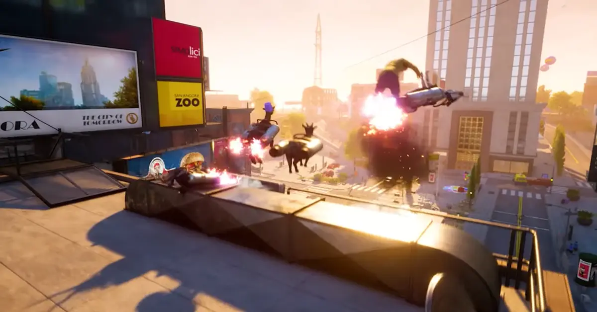Tres cabras súper personalizadas volando por el cielo con jetpacks en Goat Simulator 3