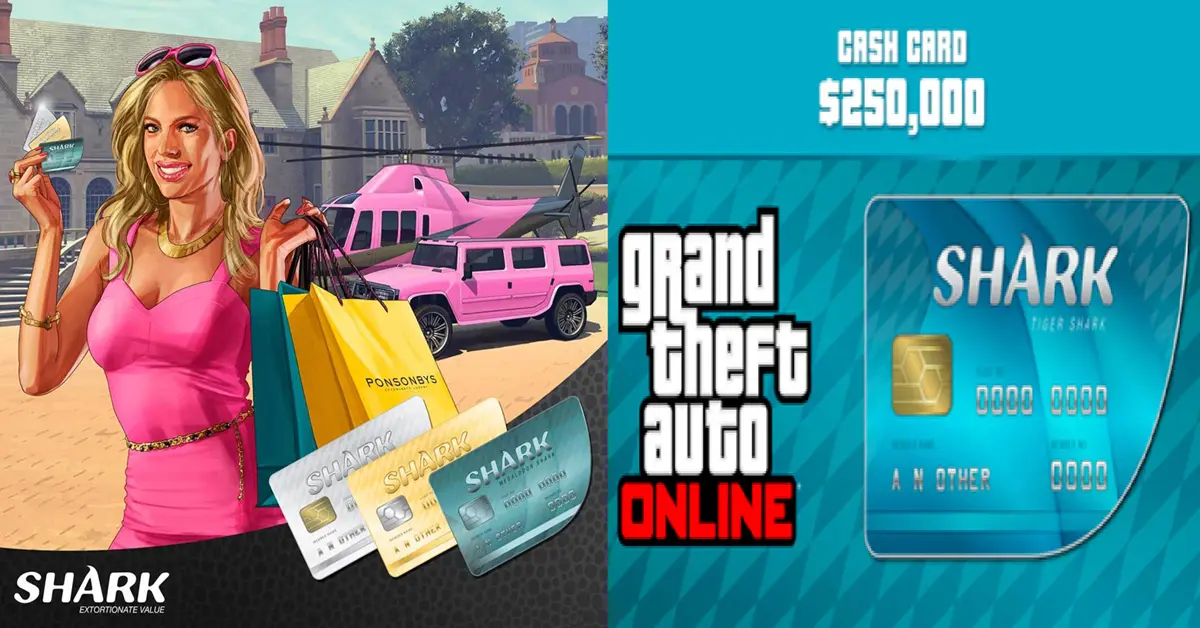 Personaje de la actualización de verano 2026 de GTA Online de pie junto a una tarjeta de tiburón tigre.