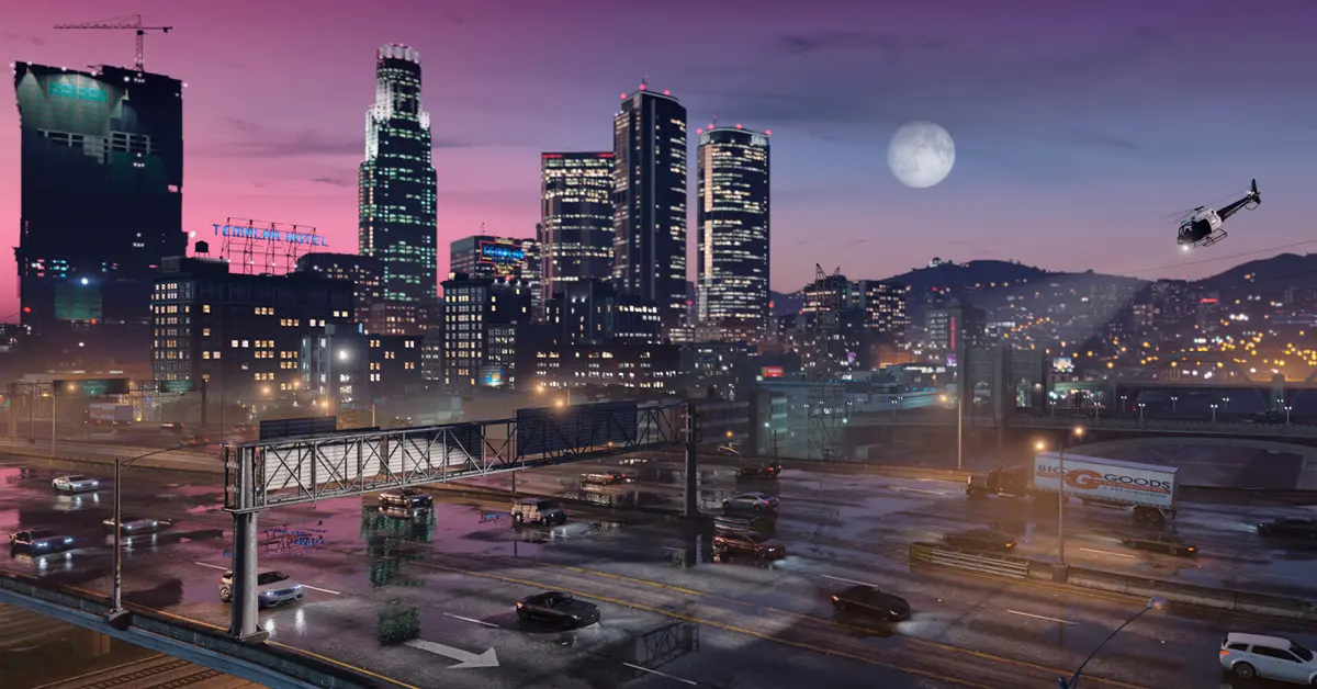 Captura de pantalla del juego GTA V Enhanced Edition en PC que muestra reflejos con trazado de rayos en las calles de Los Santos