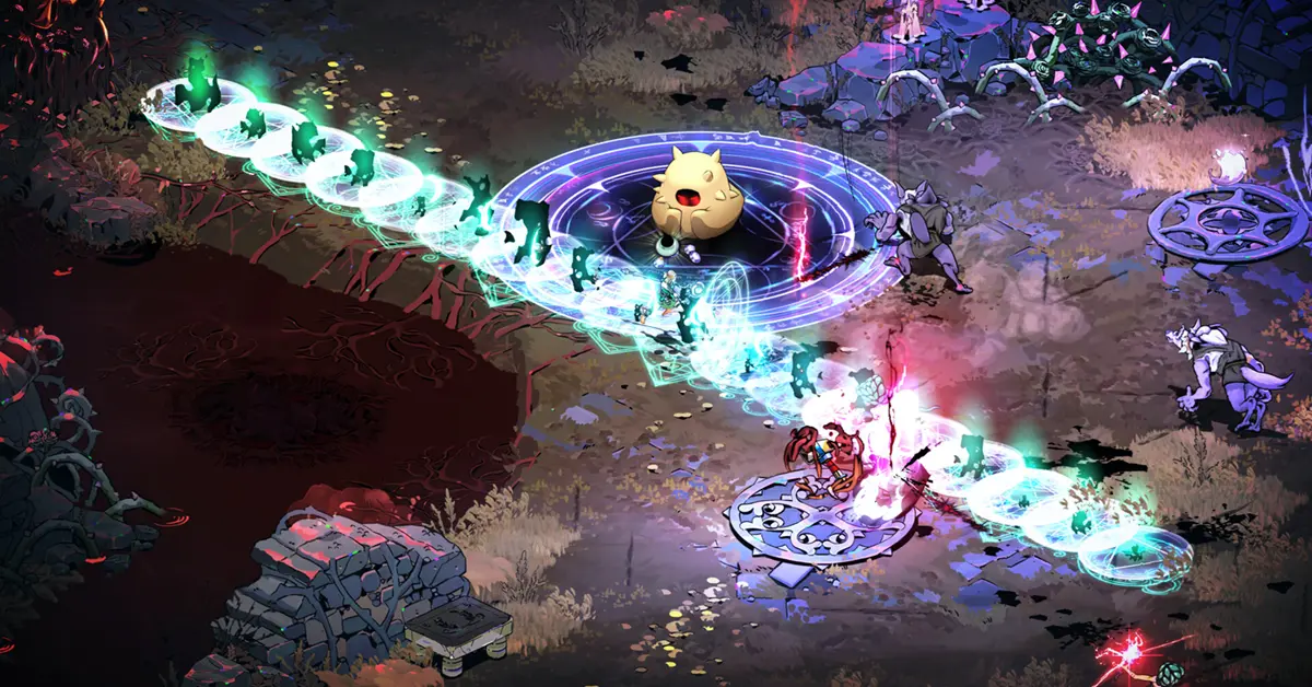 Melínoe luchando contra enemigos en una mazmorra vibrante e isométrica del inframundo en Hades II.