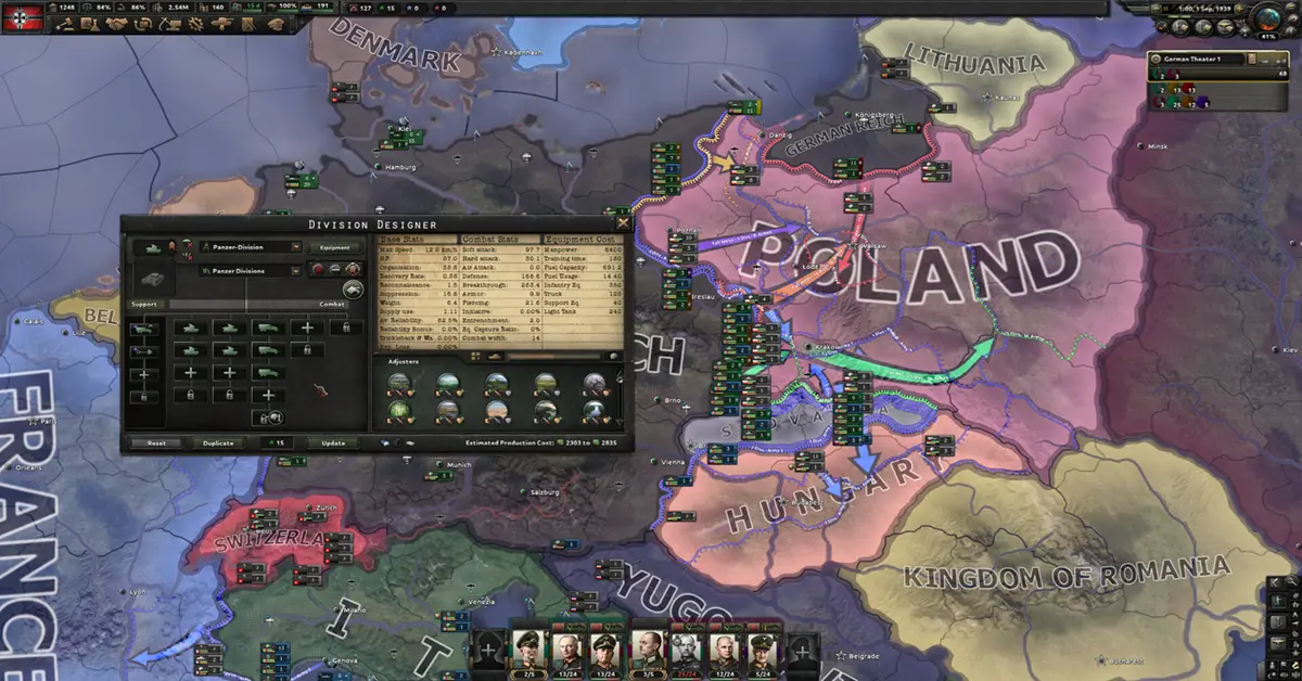 Una vista detallada del mapa de gran estrategia de Hearts of Iron IV que muestra las fronteras europeas y los despliegues de tropas