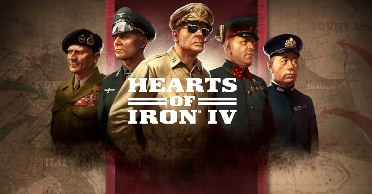 Arte principal de Hearts of Iron IV con generales de la Segunda Guerra Mundial y elementos del mapa estratégico