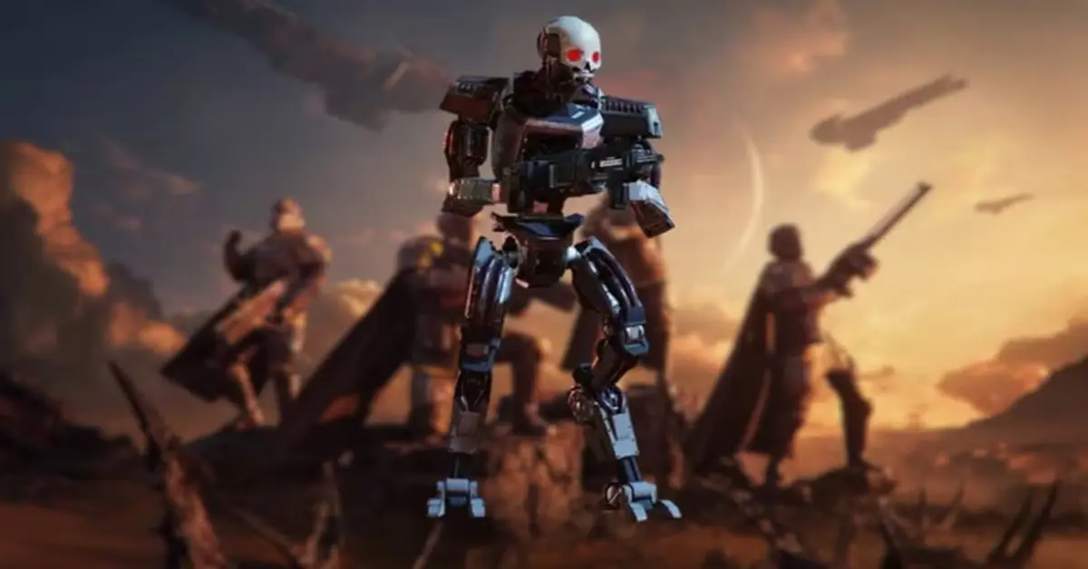 Escuadrón de Helldivers 2 combatiendo enemigos Cyborg en un planeta desolado
