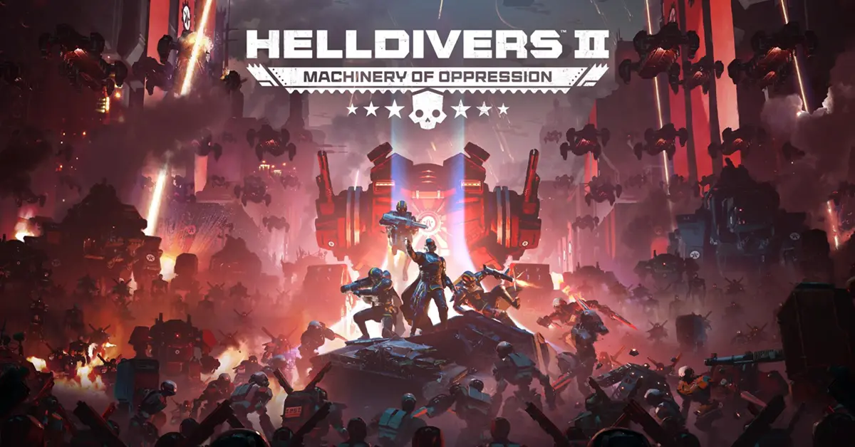 Escuadrón de Helldivers 2 luchando contra nuevos enemigos de temporada en una zona de guerra en llamas