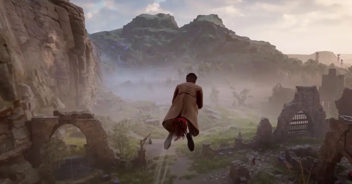 Un personaje jugador volando en una escoba sobre el extenso Bosque Prohibido