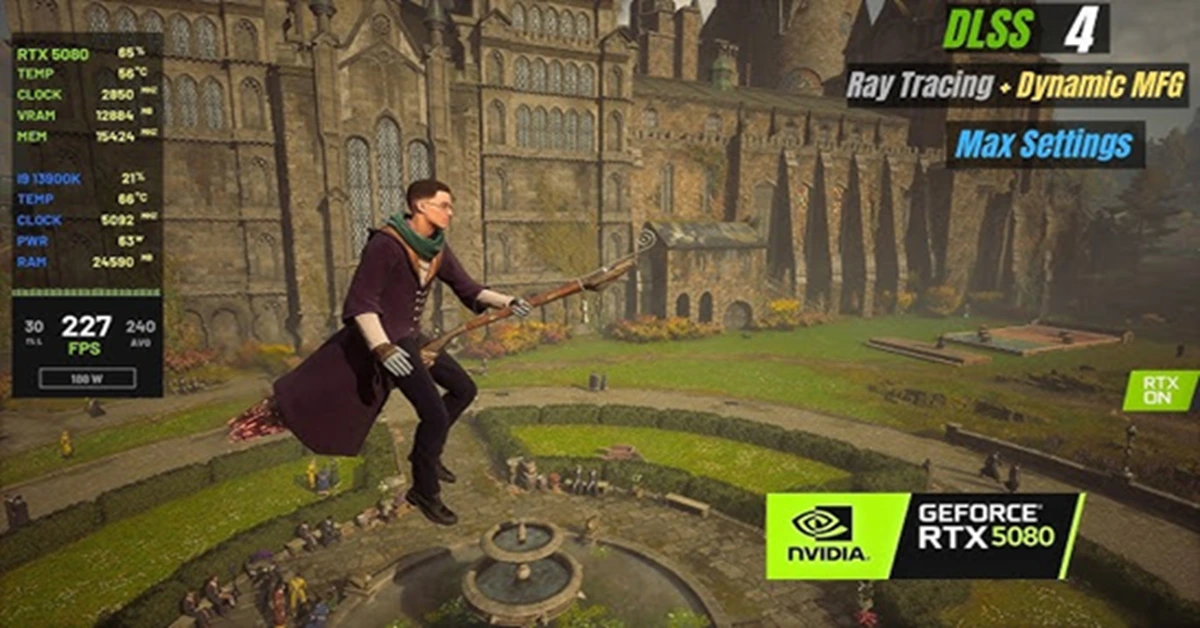 Hogwarts Legacy ejecutándose en PC con DLSS4 y ray-tracing mejorado activados.