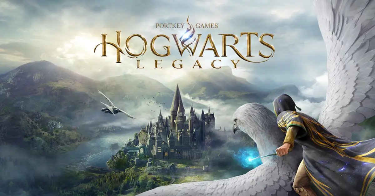 Gameplay de Hogwarts Legacy que muestra el exterior de la escuela de magia al atardecer.