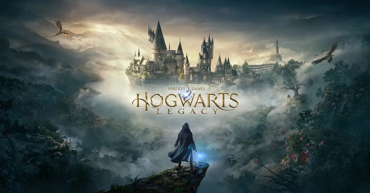 Un estudiante lanzando un hechizo fuera del castillo de Hogwarts por la noche