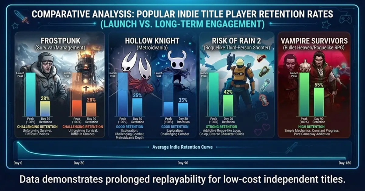 Infografía que compara las tasas de retención de jugadores en títulos independientes populares